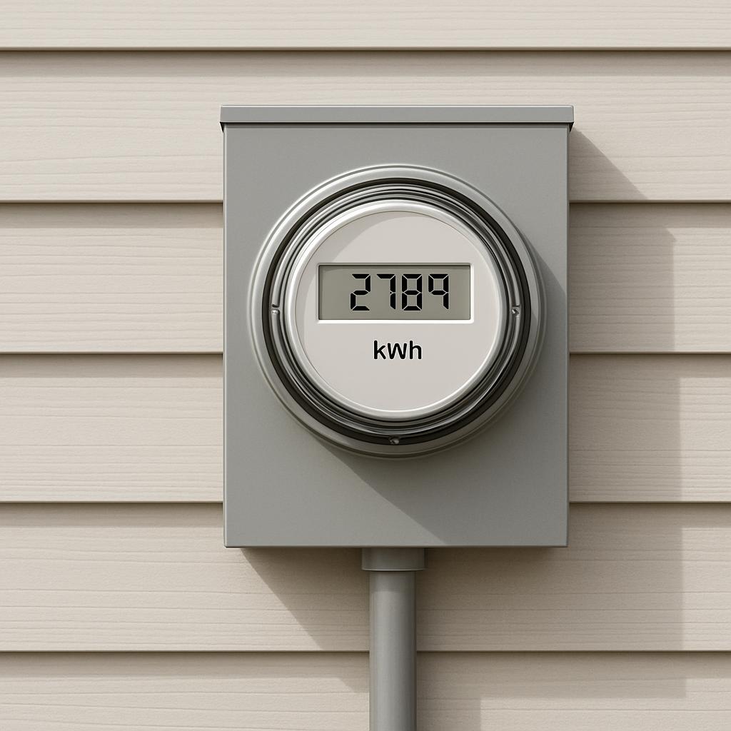 An outdoor electrical meter with the reading "2184 kWh".