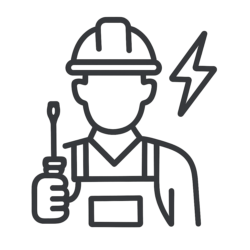 A person in work clothing, holding a screwdriver and with a lightning bolt behind.